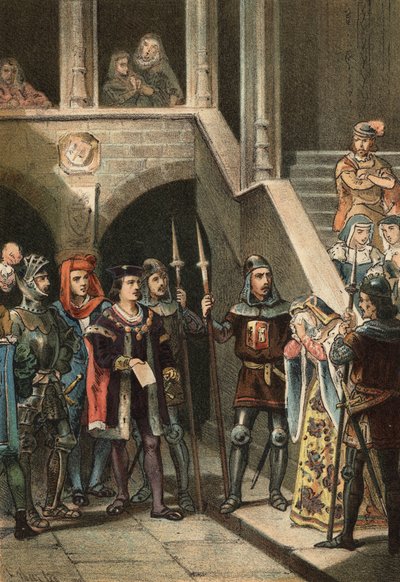 Leonor de Guzman, Favoritin von König Alfons XI., wird von Don Alfonso Fernandez de Olmedo auf Befehl von Königin Maria von Portugal im 14. Jahrhundert verhaftet und hingerichtet. In „El Culto de la Hermosura“ von Juan Justo Huguet, Molinas Hermanos editor von Spanish School
