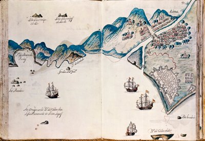 Karte eines Teils von Neuspanien, der Küste von Peru und der Stadt Lima, aus "Mapas de las costas de América en el mar del Sur, desde la última población de españoles en ellas, que es la ciudad de Compostela, en adelante" von Spanish School