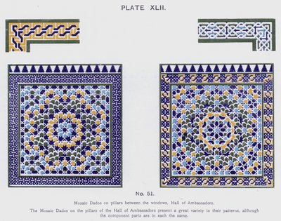 Mosaik-Dados an den Säulen zwischen den Fenstern, Halle der Botschafter von Spanish School