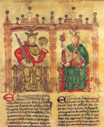 Pelagius (685-737), Gründer des Königreichs Asturien und sein Enkel Fruela I (722-68) (Pigment auf Pergament) von Spanish School