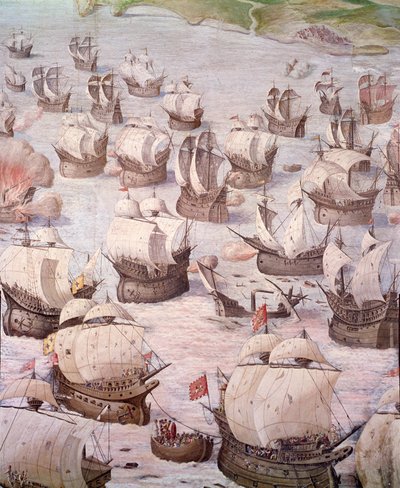 Regatta spanischer Galeonen während einer Expedition zu den Azoren im Jahr 1582 unter Philipp II. (1527-1598), König von Spanien. Fresko aus dem 16. Jahrhundert. Saal der Schlachten, Palast des Escorial, Madrid. von Spanish School
