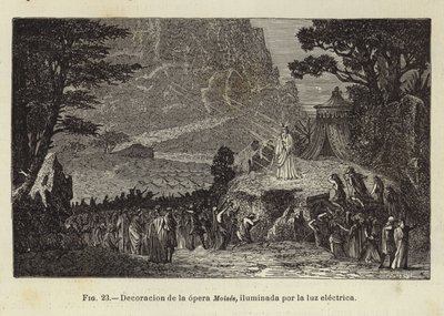 Bühnenbild der Oper Moses, beleuchtet durch elektrisches Licht von Spanish School