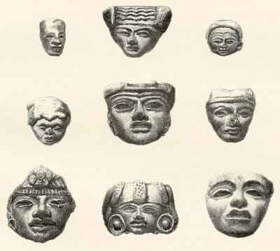 Steinköpfe und Masken, gefunden in Teotihuacan, Mexiko von Desiré Charnay während seiner Expedition 1880-1883 von Spanish School