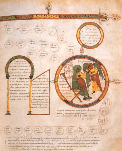 Die Verkündigung an Maria und die Genealogie Jesu, aus der Westgotisch-Mozarabischen Bibel von St. Isidores, fol.10r., 960 n. Chr. (Tempera auf Pergament) von Spanish School