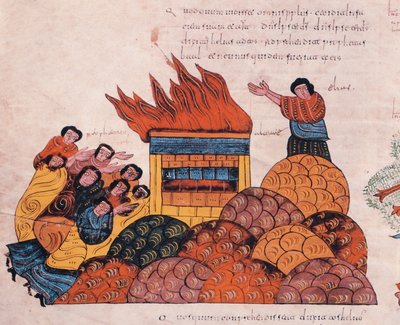 Der Prophet Elias betet auf dem Berg Karmel, dass der Gott Israels vor den Priestern Baals gerechtfertigt wird, und Feuer fällt vom Himmel (I Könige 18), fol.145v., aus der Westgotisch-Mozarabischen Bibel von St. Isidores, 960 n. Chr. (Tempera auf Pergamen von Spanish School