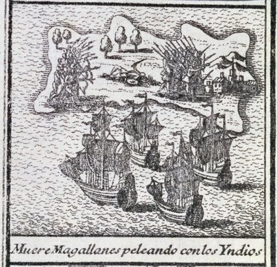 Der Tod von Magellan in einer Schlacht mit den Indianern von Spanish School