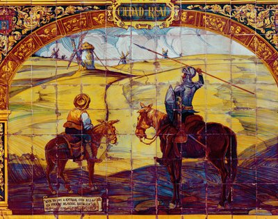 Fliesen, die Don Quijote und Sancho Panza zeigen, wie sie sich darauf vorbereiten, die Windmühlen anzugreifen (Keramik) von Spanish School