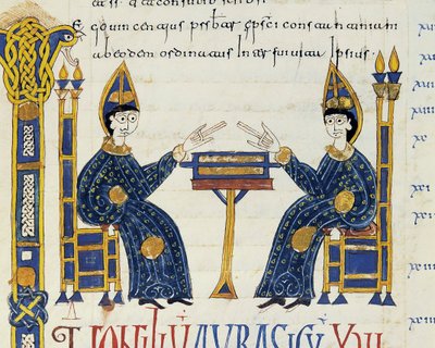 Zwei katholische Bischöfe vor einem Manuskript, Miniatur aus den Glosas Emilianenses, 992-994 von Spanish School