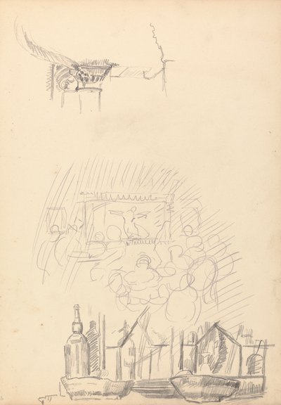 Höhle des Goldenen Kalbs: Skizzen einer Bühne und Bar von Spencer Frederick Gore