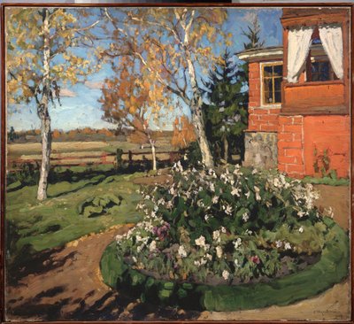 Ein Blumenbeet (Vor einem Haus und einer Landschaft auf dem Land) von Stanislav Joulianovitch Joukovski