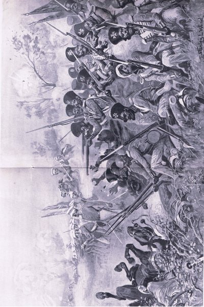 Chilianwala, 13. Januar 1849: Goddys Brigade macht einen tapferen Stand, als sie von Sikhs umzingelt wird, Illustration aus British Battles on Land and Sea, 1915 von Stanley L. Wood