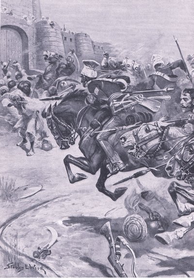 Die 16. Lanzenreiter und Skinners Reiter treiben die Jats nach Bharatpur; Dezember 1825, Illustration aus British Battles on Land and Sea, 1915 von Stanley L. Wood