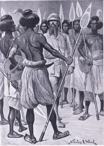 Der Krieger, den Burton in Somaliland traf, Illustration aus Cassells Romance of Famous Lives, ca. 1940 von Stanley L. Wood