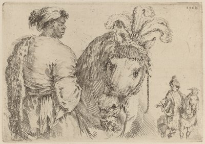 Ein schwarzer Mann füttert ein Pferd von Stefano della Bella