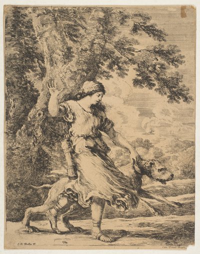 Eine Nymphe hält einen großen Hund am Halsband (ca. 1654) von Stefano della Bella