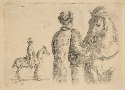 Ein polnischer Stallknecht, von hinten, hält ein Pferd am Zügel, ca. 1662 von Stefano della Bella