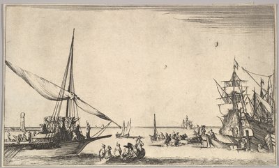 Eine Galeere kommt links im Hafen an, mehrere Ruderboote in der Mitte, Schiffe im Hafen rechts, 1639 von Stefano della Bella