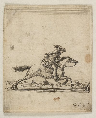 Ein Reiter mit Schwert in der Hand galoppiert nach rechts, andere Reiter galoppieren, ca. 1645-46 von Stefano della Bella