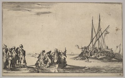 Ein Ruderboot voller Männer in der Mitte, eine Gruppe von Männern steht am Ufer links, ein Schiff voller ..., 1639 von Stefano della Bella