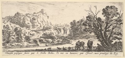 Ein Wasserfall, der von den Bergen im Hintergrund herabfließt, verschiedene Tiere, ca. 1641 von Stefano della Bella