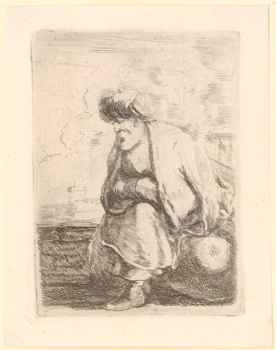 Alter Türke mit Mantel und Turban sitzt auf einem Stein von Stefano della Bella