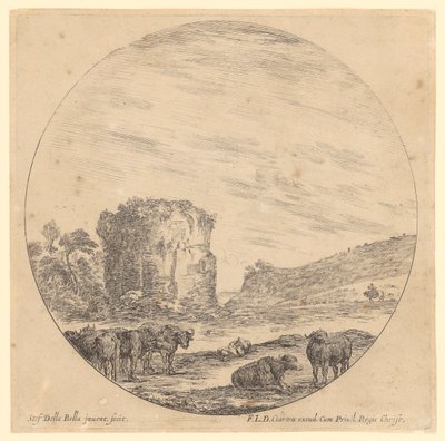 Antike Tempelruine mit lagernden Büffeln und einem Reiter im Hintergrund von Stefano della Bella