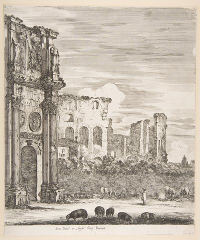 Konstantinsbogen und Kolosseum mit weidenden Schafen im Vordergrund, aus „Sechs große Ansichten, vier von Rom und zwei von der römischen Campagna“ von Stefano della Bella