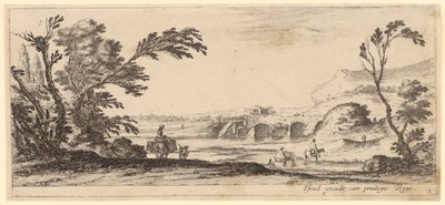 Bäuerin auf einem Lasttier, Bauern und zwei Reiter beim Durchqueren eines Flusses von Stefano della Bella