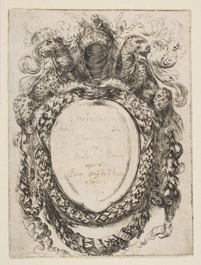 Kartusche gekrönt von Helm und Leoparden, 1647 von Stefano della Bella