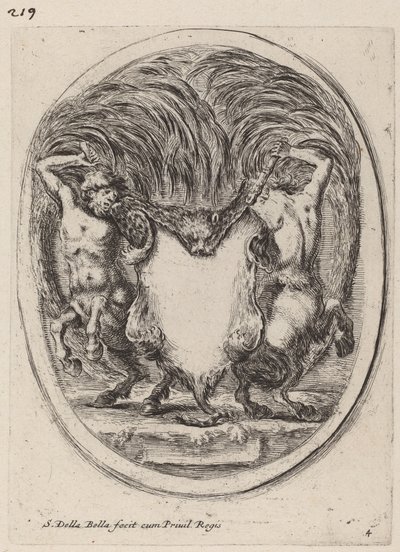 Kartusche in Form eines gehäuteten Tigers, unterstützt von Kentauren von Stefano della Bella
