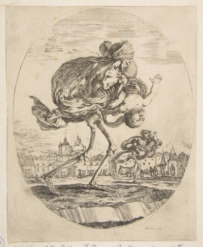Der Tod trägt ein Kind, aus Die fünf Tode Les cinq Morts, ca. 1648 von Stefano della Bella