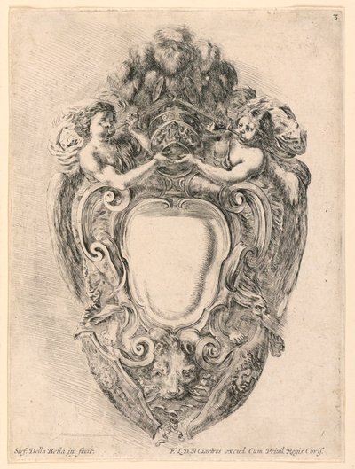 Wappenschild, Nr. 3 aus "Raccolta di varii cappriccii et nove inventioni di cartelle et ornamenti" von Stefano della Bella