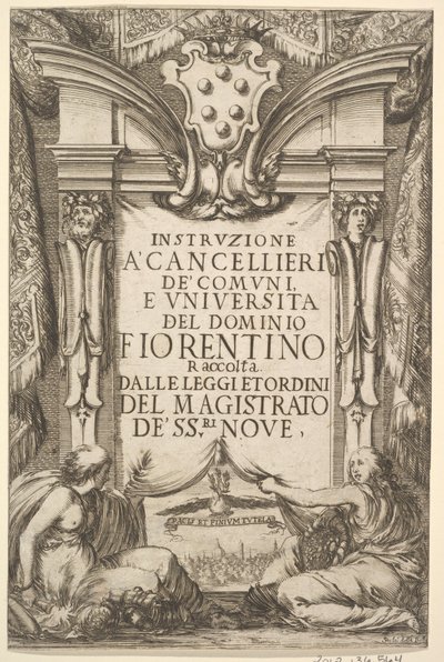Frontispiz für Anweisungen für Kanzler Instruzione a Cancellieri: Medici-Wappen ..., 1635 von Stefano della Bella