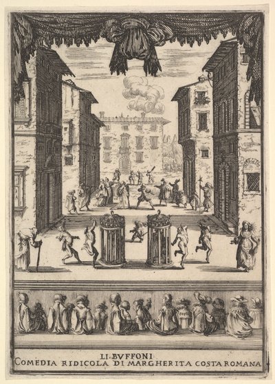 Frontispiz für die Komödie Die Buffonen, ein Bühnenbild, das einem Puppentheater ähnelt, 1639-41 von Stefano della Bella