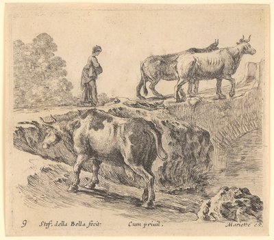 Kuh geht einen Hügel hoch, hinten betritt eine Bäuerin mit zwei Kühen eine Brücke von Stefano della Bella
