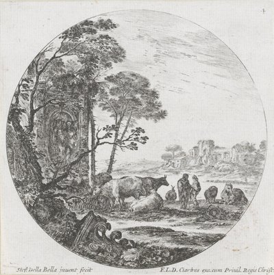 Landschaft mit Herde und korinthischem Kapitell von Stefano della Bella