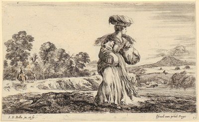 Nach rechts schreitende Bäuerin, Blatt 1 der Folge "Verschiedene Figuren und Länder" von Stefano della Bella
