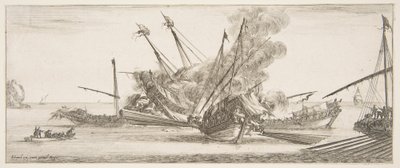 Seekampf, ein Schiff in der Mitte, von hinten gesehen, feuert auf vier feindliche Schiffe, ein weiteres, ca. 1641 von Stefano della Bella