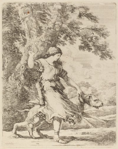 Nymphe hält einen großen Hund am Halsband von Stefano della Bella