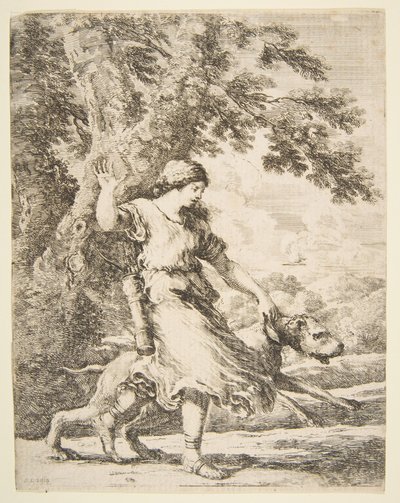 Nymphe hält einen großen Hund am Halsband, ca. 1654 von Stefano della Bella