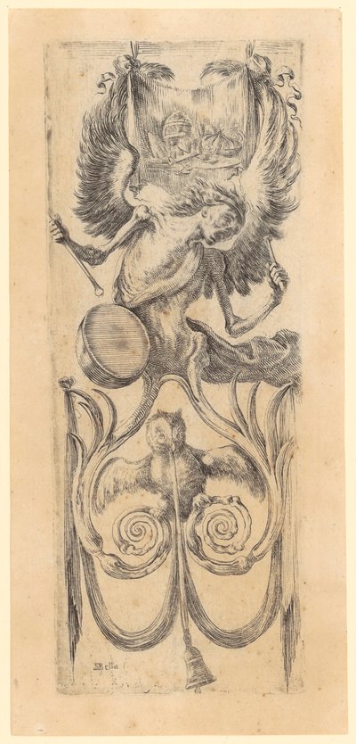 Panel mit trommelndem Tod, unten eine Eule, im Schnabel das Band einer Glocke, Blatt 12 der Folge Ornamente oder Grotesken von Stefano della Bella