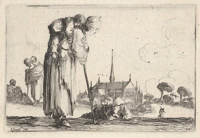 Platte 10: eine Bäuerin nach rechts gewandt mit einem Kind auf dem Rücken, ein Junge lie..., ca. 1642 von Stefano della Bella