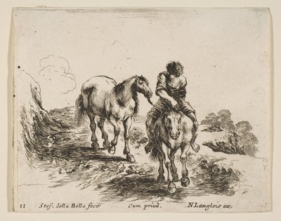 Tafel 11: ein junger Reiter, von vorne gesehen, führt ein anderes Pferd, aus Diver... von Stefano della Bella