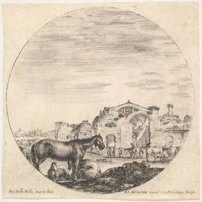 Tafel 12: ein schlafender Hirte auf dem Boden rechts, drei Pferde links, andere h..., ca. 1643-48 von Stefano della Bella