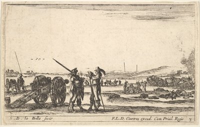Platte 3: Ein Offizier gibt einem Soldaten im Vordergrund Befehle, Kanone links, ca. 1641 von Stefano della Bella