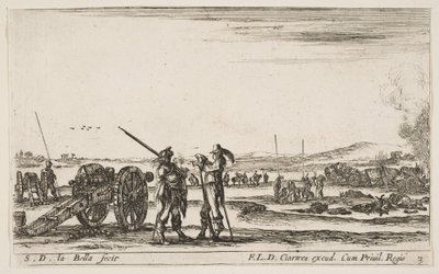 Platte 3: Ein Offizier gibt einem Soldaten im Vordergrund Befehle, Kanone links, f... von Stefano della Bella