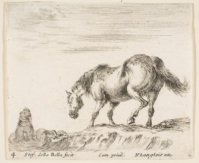 Tafel 4: Ein Pferd im Profil nach links, kurz vor dem Abstieg von einem Hügel, ein Pferd..., ca. 1644-47 von Stefano della Bella
