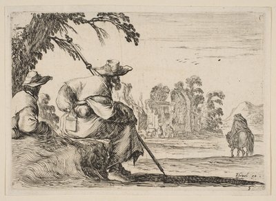 Tafel 5: zwei Pilger mit Hüten ruhen links, von hinten gesehen, ein Reiter reitet nach..., 1642 von Stefano della Bella