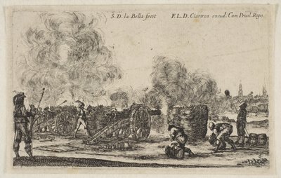 Tafel 6: Batterie von Kanonen, die auf eine Stadt feuern, aus Verschiedene militärische Capricci Varii, ca. 1641 von Stefano della Bella