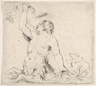 Tafel 7: ein Triton im Wasser, nach links gewandt, hält einen Aal in seiner rechten Hand hoch, ca. 1646 von Stefano della Bella
